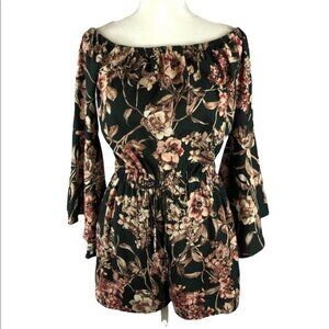 Bo-Bel Romper Hunter Green Floral Off the Shoulder bell sleeve size Large